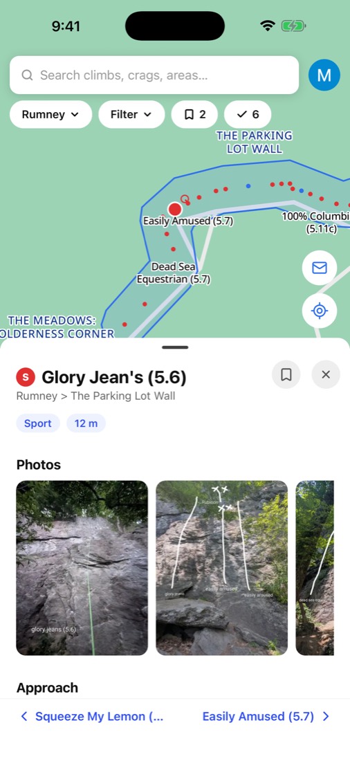 Climber Map showing the Parking Lot Wall at Rumney, with climbs as dots along the wall and the detail sheet for Glory Jean's open