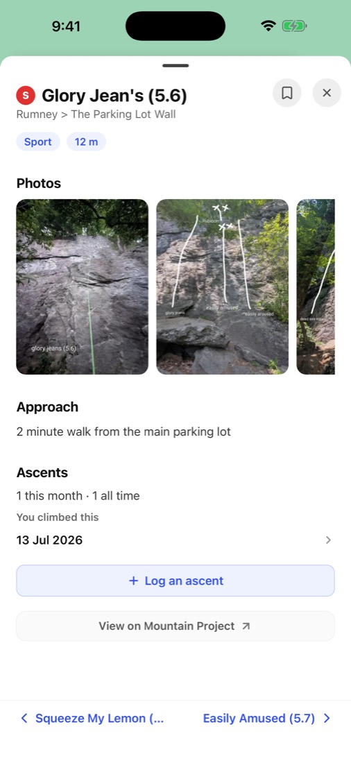 A climb's detail sheet with annotated route photos
